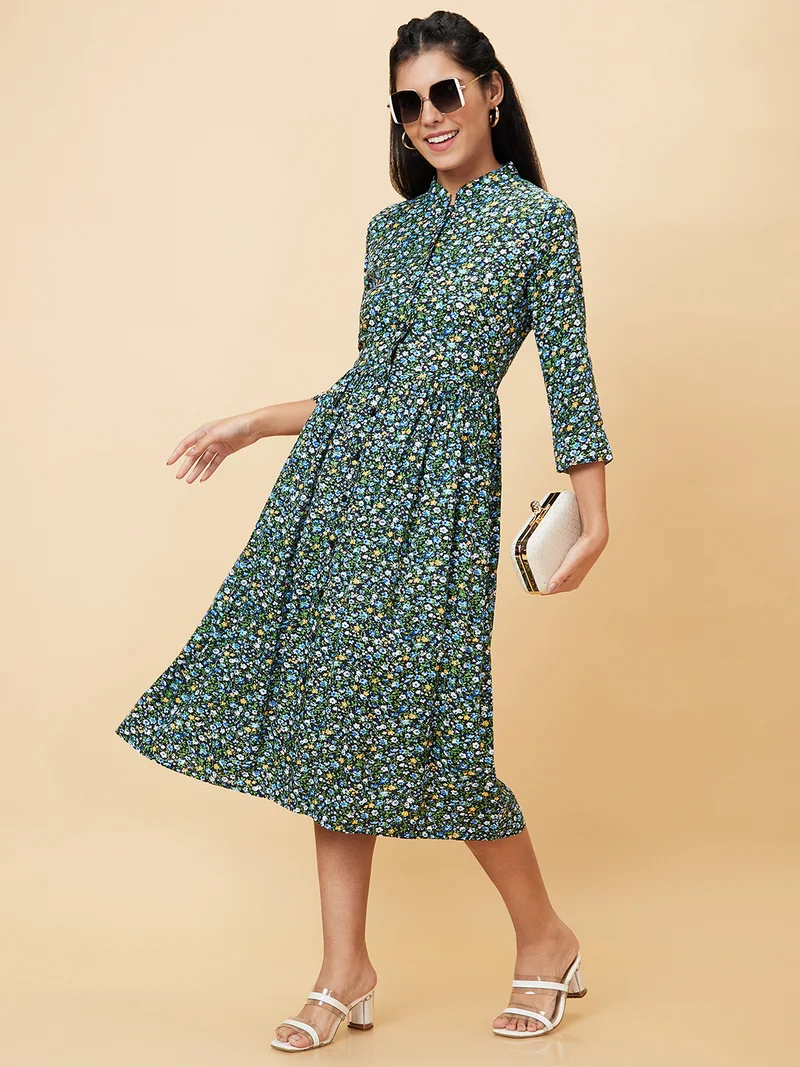 Women Floral Printed Mandarin Collar Gathered A-Line Midi Dress