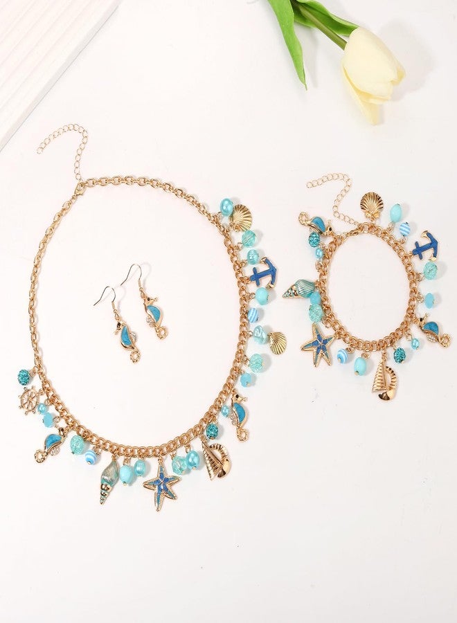 مولوك طقم مجوهرات مولوخ من الأصداف البحرية، إكسسوارات زي حورية البحر الزرقاء، يتضمن قلادة وسوار وأقراط من الأصداف البحرية، مجوهرات صيفية بوهيمية للشاطئ للنساء - Image 2