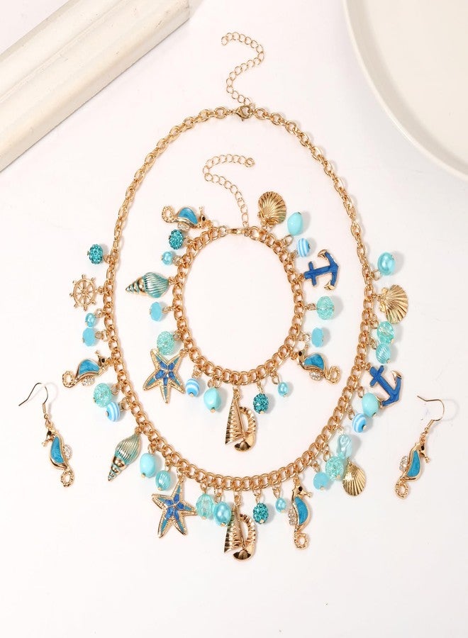 مولوك طقم مجوهرات مولوخ من الأصداف البحرية، إكسسوارات زي حورية البحر الزرقاء، يتضمن قلادة وسوار وأقراط من الأصداف البحرية، مجوهرات صيفية بوهيمية للشاطئ للنساء - Image 3