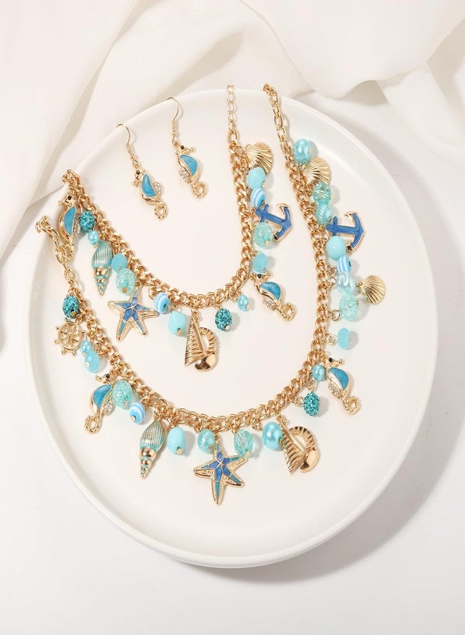 مولوك طقم مجوهرات مولوخ من الأصداف البحرية، إكسسوارات زي حورية البحر الزرقاء، يتضمن قلادة وسوار وأقراط من الأصداف البحرية، مجوهرات صيفية بوهيمية للشاطئ للنساء - Image 5