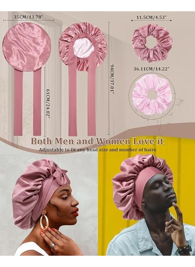 Generic Reversible Satin Bonnet for Sleeping Women Double Layer Hair Bonnet with 2PCS Hair Scrunchies Elastic Tie Band Night Cap - Image 2