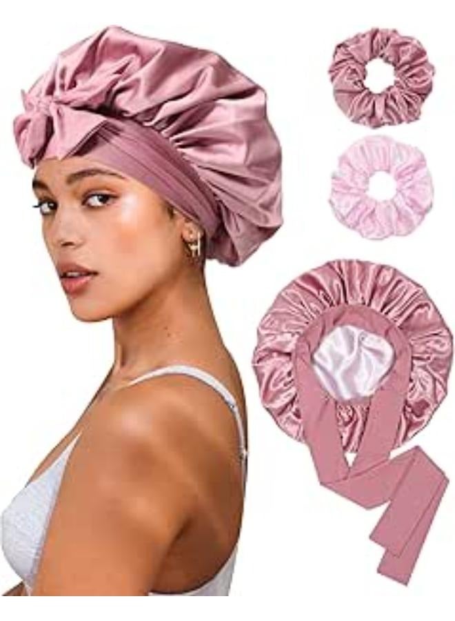 Generic Reversible Satin Bonnet for Sleeping Women Double Layer Hair Bonnet with 2PCS Hair Scrunchies Elastic Tie Band Night Cap - Image 1