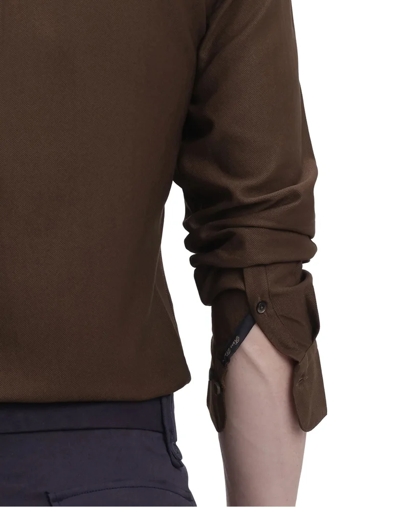 Rare Rabbit Rare Rabbit Men Mer Dark Olive Viscose Polyester Lycra Fabric Full Sleeve Button Closure Regular Fit Herringbone Textured Shirt