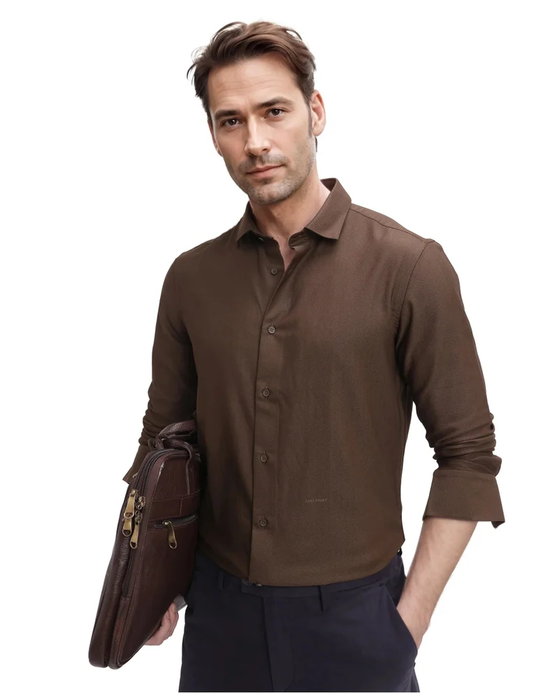 Rare Rabbit Rare Rabbit Men Mer Dark Olive Viscose Polyester Lycra Fabric Full Sleeve Button Closure Regular Fit Herringbone Textured Shirt
