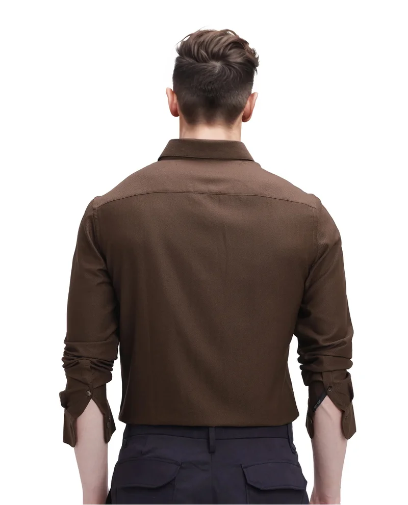 Rare Rabbit Rare Rabbit Men Mer Dark Olive Viscose Polyester Lycra Fabric Full Sleeve Button Closure Regular Fit Herringbone Textured Shirt