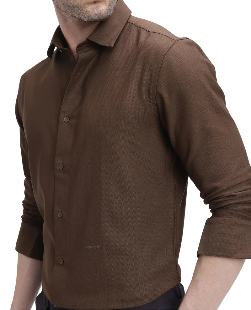 Rare Rabbit Rare Rabbit Men Mer Dark Olive Viscose Polyester Lycra Fabric Full Sleeve Button Closure Regular Fit Herringbone Textured Shirt