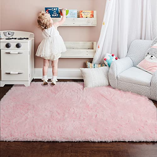 Amdrebio Pink Washable Area Rugs 3x5 for Bedroom Girls, Fluffy Plush Bedside Rug for Preppy Dorm, Kids Room Decor Aesthetic, Cute Indoor Floor Carpet, Fuzzy Shaggy Throw Rug for Living Room, Baby Nursery - Image 4
