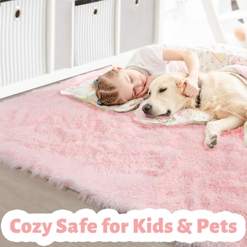 Amdrebio Pink Washable Area Rugs 3x5 for Bedroom Girls, Fluffy Plush Bedside Rug for Preppy Dorm, Kids Room Decor Aesthetic, Cute Indoor Floor Carpet, Fuzzy Shaggy Throw Rug for Living Room, Baby Nursery - Image 2