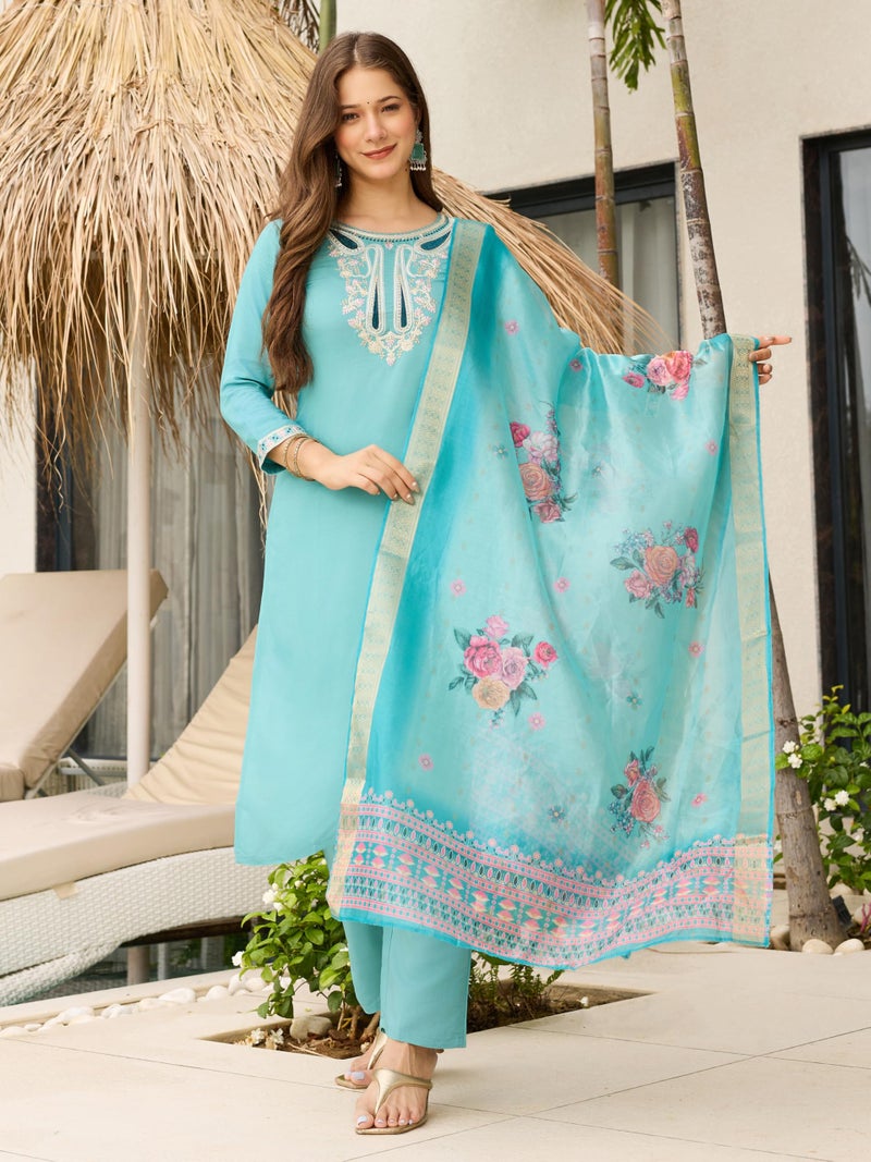 Naixa Elegant Women's Viscose Embroidered Kurta with Pant & Jacquard Printed Dupatta Set (NK3-678-Sky-L) - Image 2