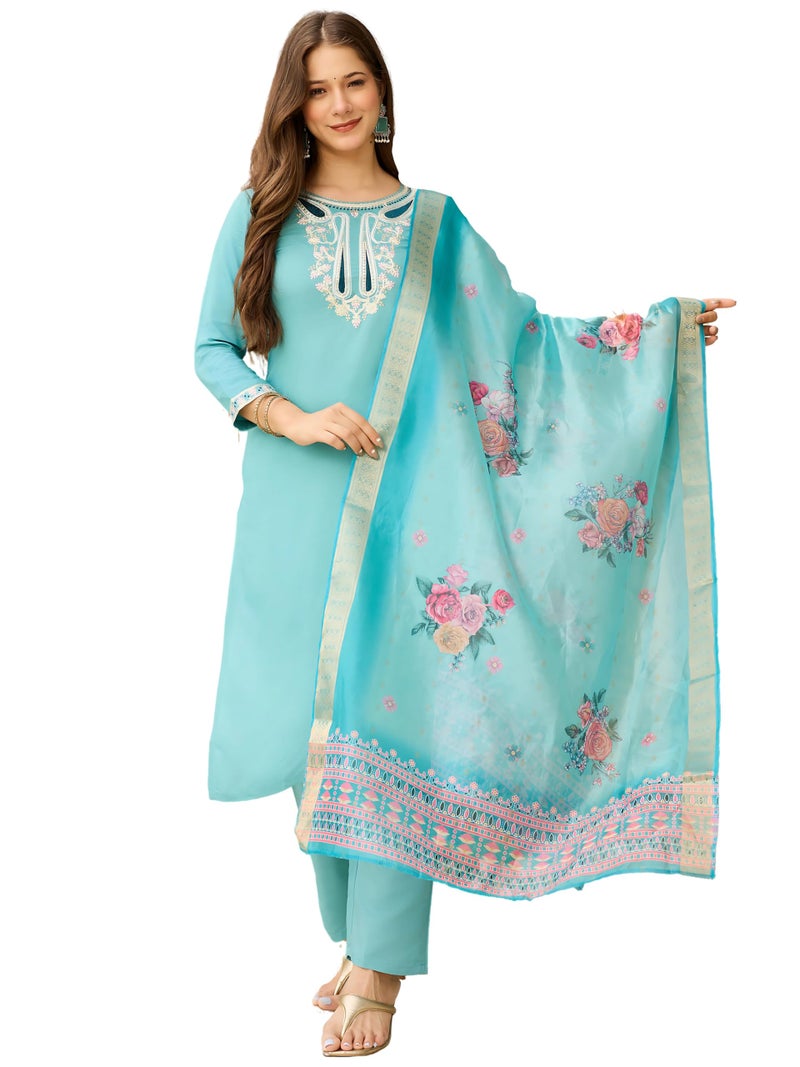 Naixa Elegant Women's Viscose Embroidered Kurta with Pant & Jacquard Printed Dupatta Set (NK3-678-Sky-L) - Image 1