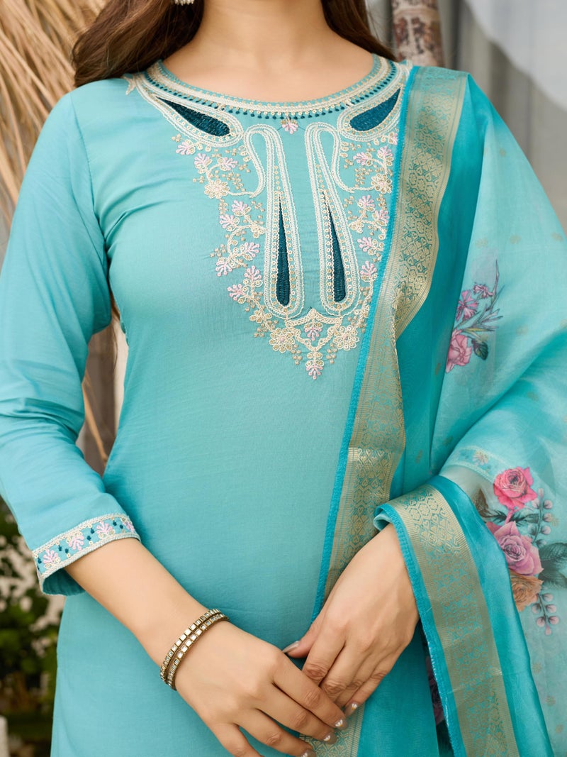 Naixa Elegant Women's Viscose Embroidered Kurta with Pant & Jacquard Printed Dupatta Set (NK3-678-Sky-L) - Image 5
