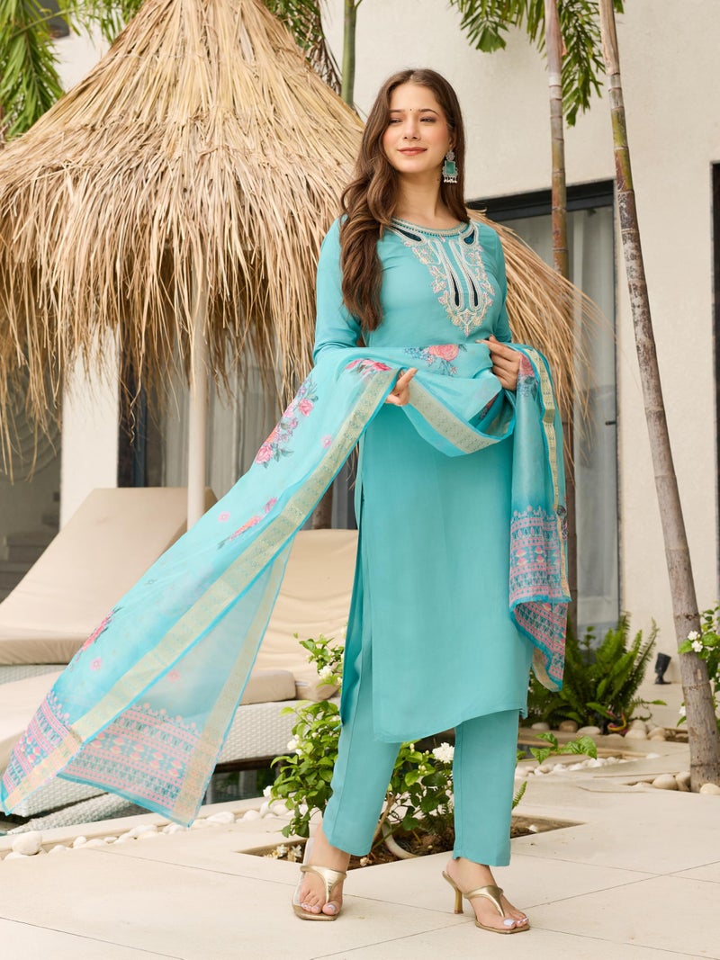Naixa Elegant Women's Viscose Embroidered Kurta with Pant & Jacquard Printed Dupatta Set (NK3-678-Sky-L) - Image 3