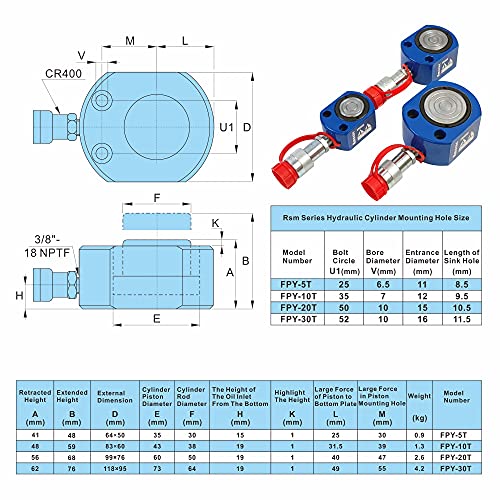 AMZCNC 50 Ton Hydraulic Cylinder Ram Single Acting 2 Inch Stroke 50T Hydraulic Cylinder Jack Lifting Jack Ram Portable Single Acting Lifting Cylinders with 50mm Stroke - Image 2