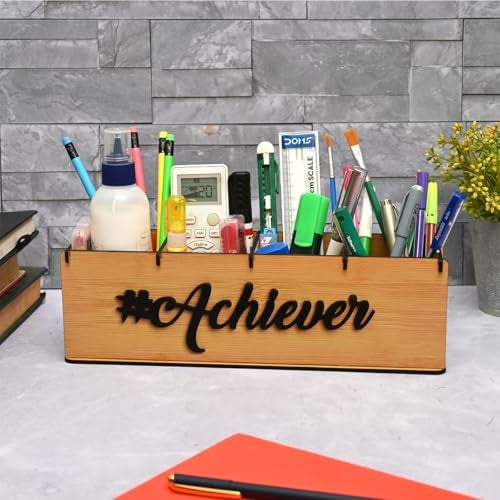 Gift Kya De GKD Desk Organizer & Pen Stand for Office Table | 4 Compartment Wooden Personal Organizer with 3D “Achiever” Motivational Tag | Stylish Desk Décor | New Year Gifts (Bamboo) - Image 1