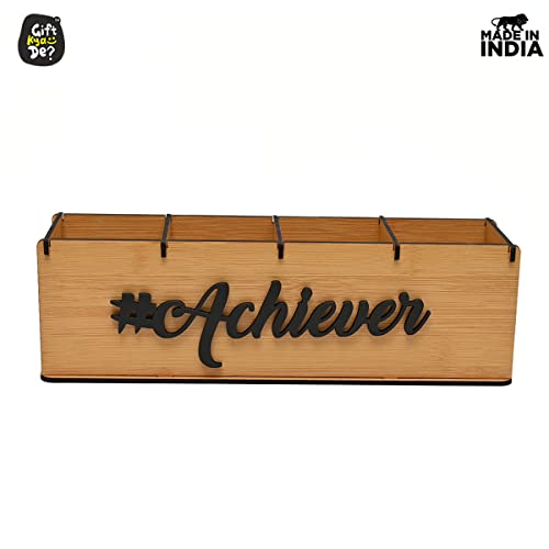 Gift Kya De GKD Desk Organizer & Pen Stand for Office Table | 4 Compartment Wooden Personal Organizer with 3D “Achiever” Motivational Tag | Stylish Desk Décor | New Year Gifts (Bamboo) - Image 4
