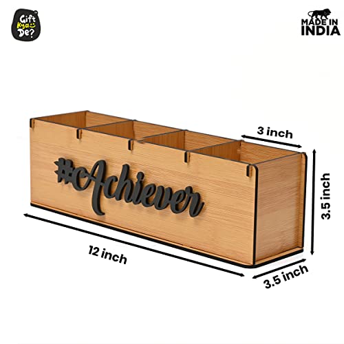Gift Kya De GKD Desk Organizer & Pen Stand for Office Table | 4 Compartment Wooden Personal Organizer with 3D “Achiever” Motivational Tag | Stylish Desk Décor | New Year Gifts (Bamboo) - Image 3