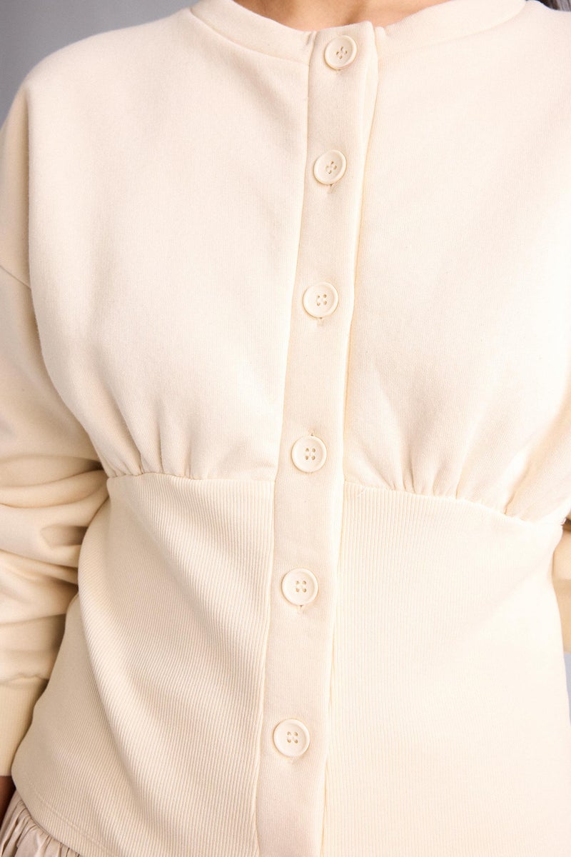 DeFacto Beige Woman Slim Fit Crew Neck Thick Sweatshirt Fabric Cardigan Casual - Image 5