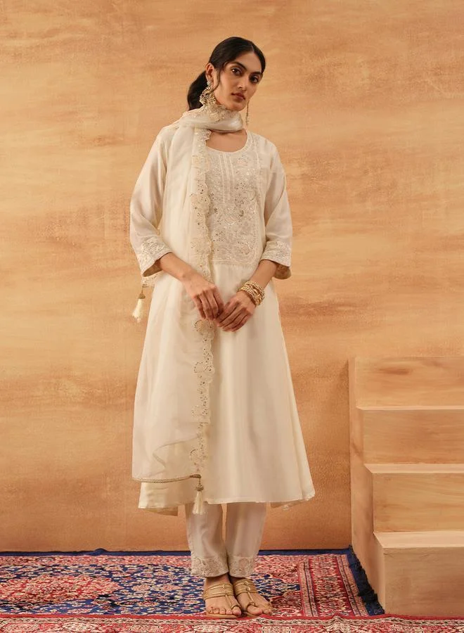 ISHIN Women's Off White Silk Blend Embellished Tunic Top With Ankle Palazzo Flared 3 Peice Kurta Set