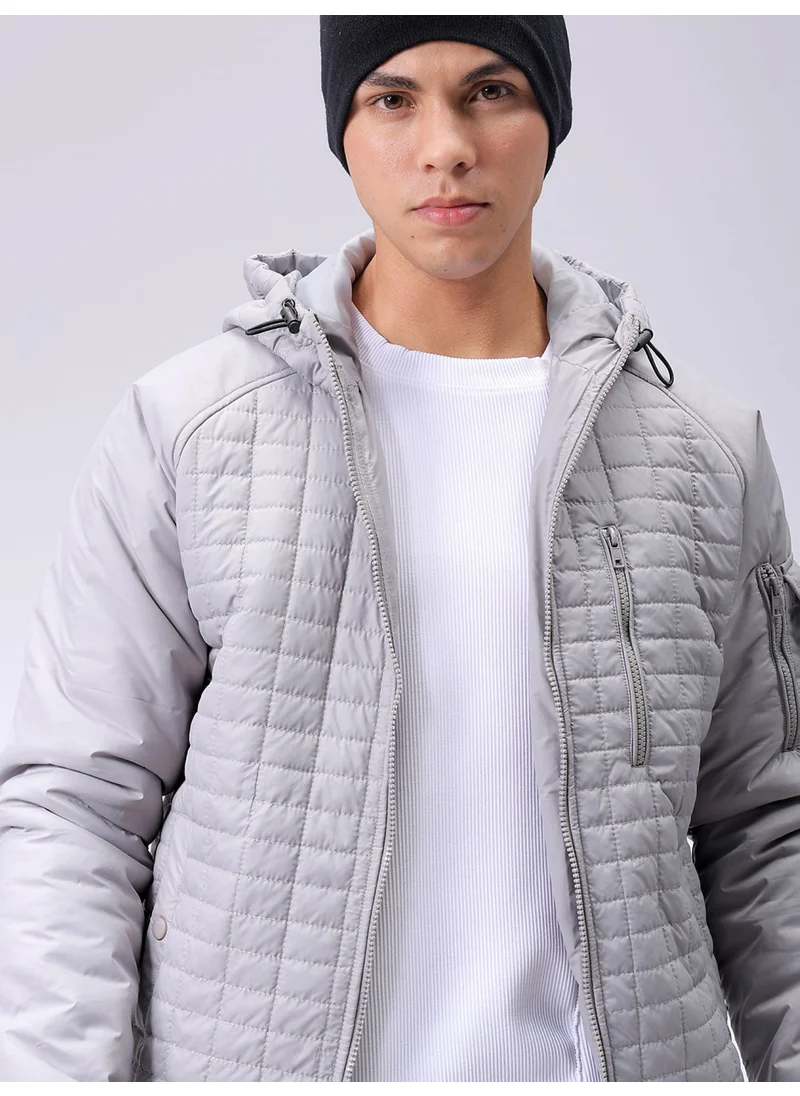 The Indian Garage Co Mens Light Grey Slim Fit Quilted Hooded Zipper Placket Side Pocket Winter Jacket