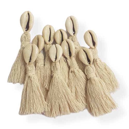 Zippy Flora Handmade Mini Cotton Tassels with Cowrie Shell Embellishments – Pack of 10 | Elegant Off-White Boho Decorative Tassels for Saree, Blouse, Dupatta, Lehenga Borders, Home Décor - Image 1