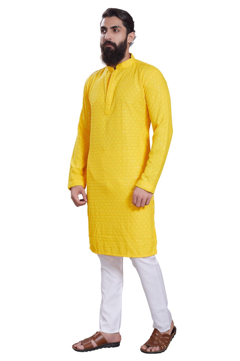 DIVISIVE Men's Sequince Embroidered Cotton Blend Only Slim Fit Kurta (DKRT225_M_Yellow) - Image 3