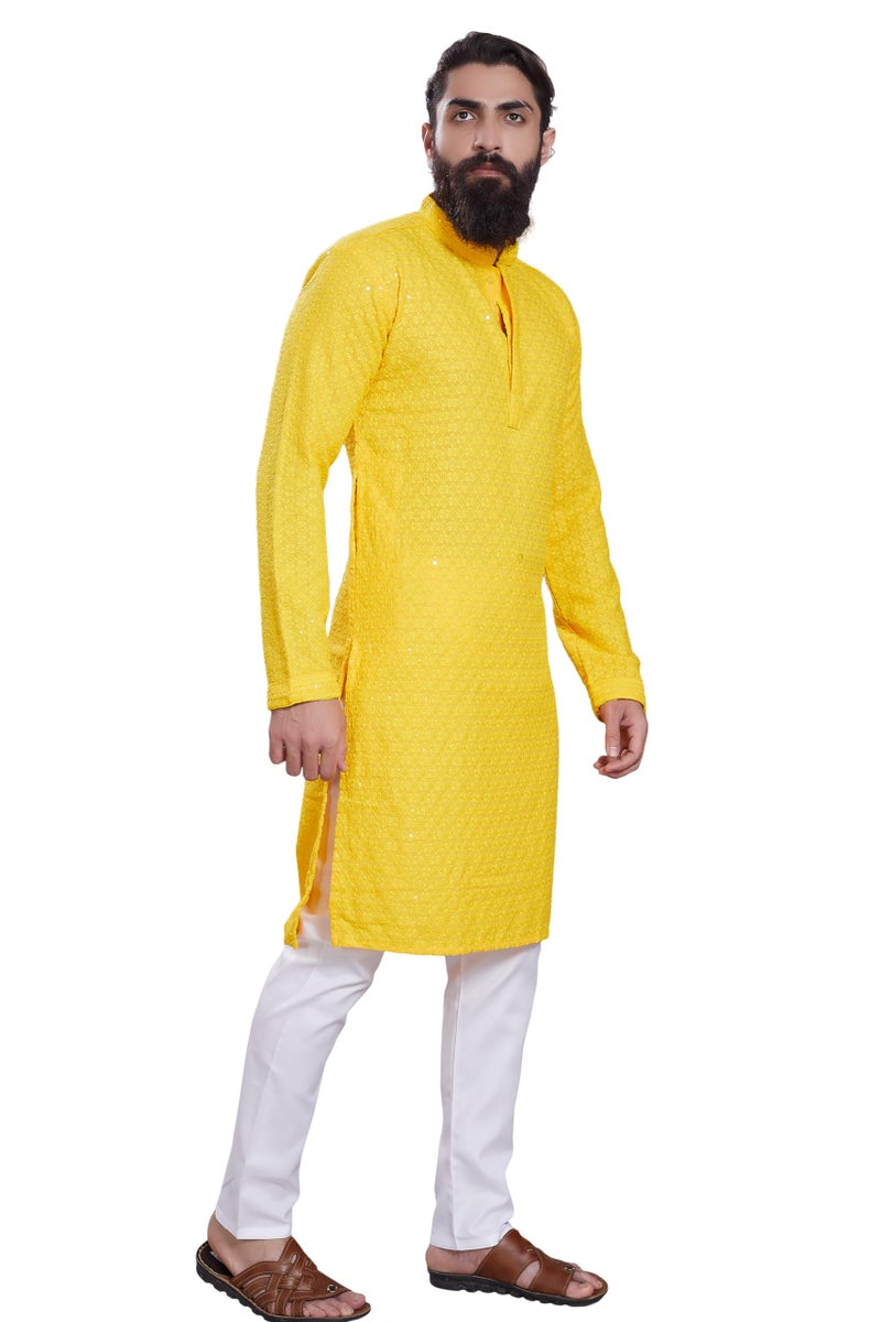 DIVISIVE Men's Sequince Embroidered Cotton Blend Only Slim Fit Kurta (DKRT225_M_Yellow) - Image 4