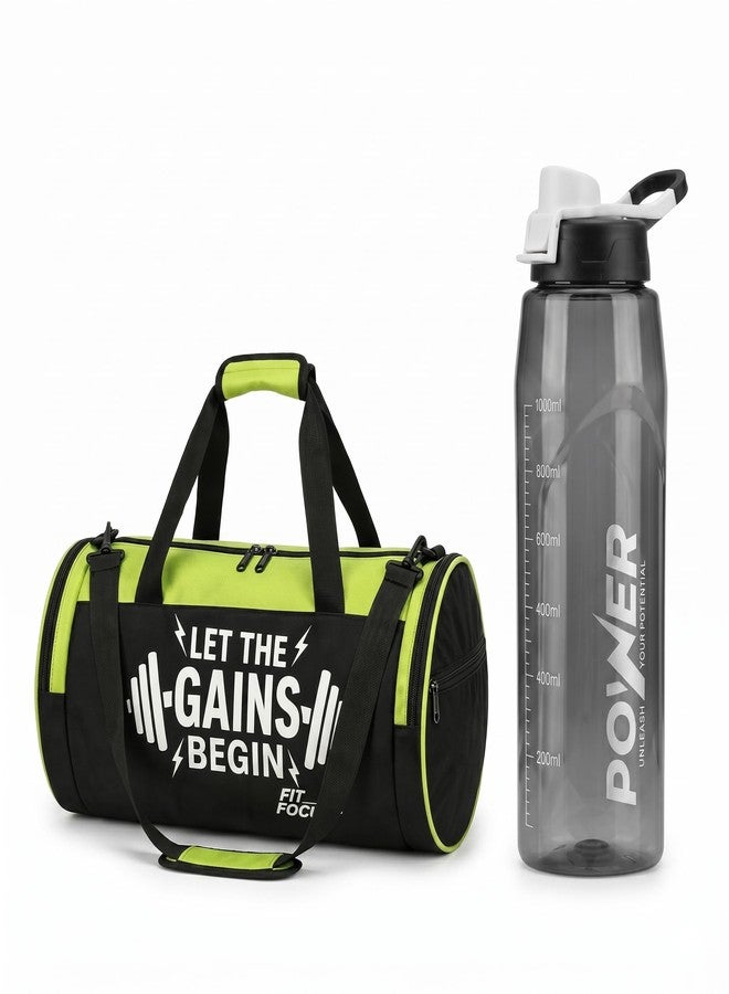 COOL INDIANS Gym Duffle Bag & 1L Water Bottle Set - Durable Sports Travel Bag with 1000ml BPA-Free Leakproof Sipper Bottle - Versatile Fitness Pack for Men & Women, Workout, Office & Home (Black & Green) - Image 1