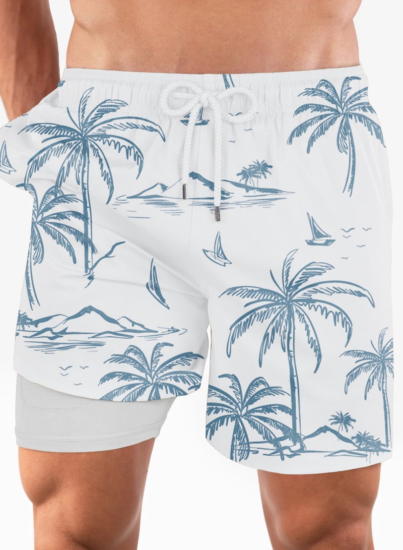 مايوه سباحة مقاوم للماء من البوليستر رسمة نخيل، أبيض. - Image 1