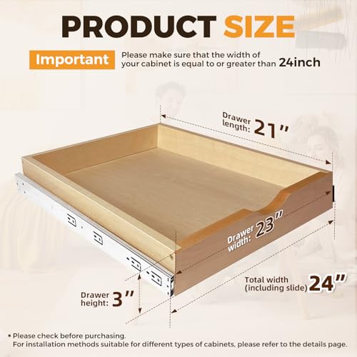 Mobirex Pull Out Drawers for Cabinet Wood Slide Out Cabinet Organizer and Storage Cabinet Kitchen Drawers Slide Out Shelves Pull Out Shelves in Kitchen Pantry Bathroom with Soft Close 24"W x 22"D x 3"H - Image 3