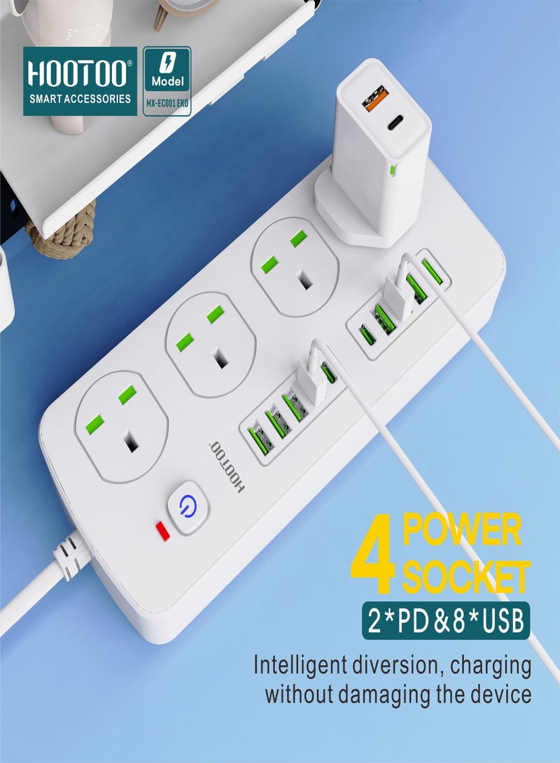 HooToo 4-outlet power strip. extension socket with 8-port USB & 2-port Type-C PD. 3-meter extension wire. 750°C heat-resistant power extension. 3000W original multi plug. extension board with overvoltage protection ,and Switch with on/off switch for safety.  - Image 2