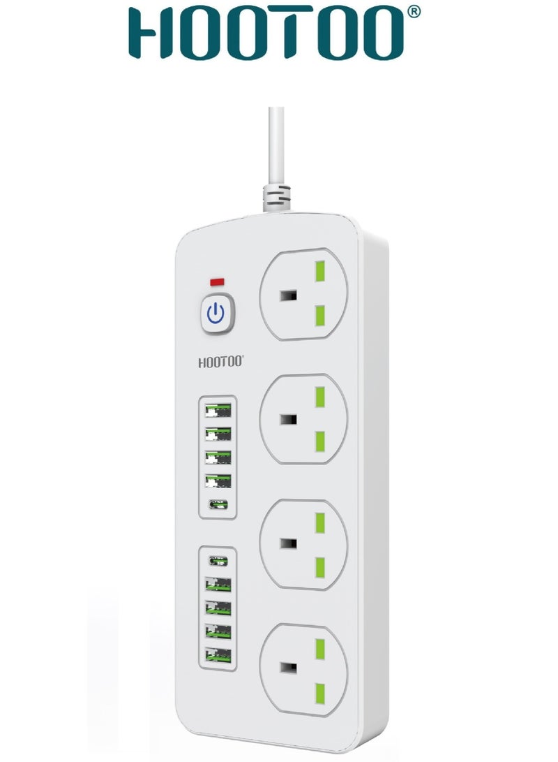 HooToo 4-outlet power strip. extension socket with 8-port USB & 2-port Type-C PD. 3-meter extension wire. 750°C heat-resistant power extension. 3000W original multi plug. extension board with overvoltage protection ,and Switch with on/off switch for safety.  - Image 1