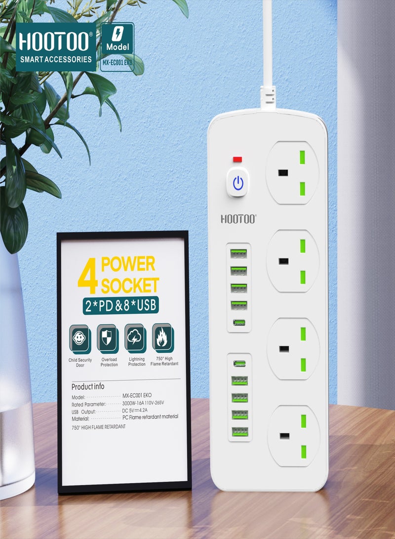 HooToo 4-outlet power strip. extension socket with 8-port USB & 2-port Type-C PD. 3-meter extension wire. 750°C heat-resistant power extension. 3000W original multi plug. extension board with overvoltage protection ,and Switch with on/off switch for safety.  - Image 4