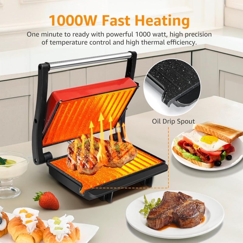 Aigostar Panini Press Grill, 1000W Sandwich Maker with Ceramic Non-stick Plates, Opens 180 Degrees for Any Size Food, 3-in-1 Sandwich Press Electric Grill, Drip Spout & Locking Lid, Red - Image 2