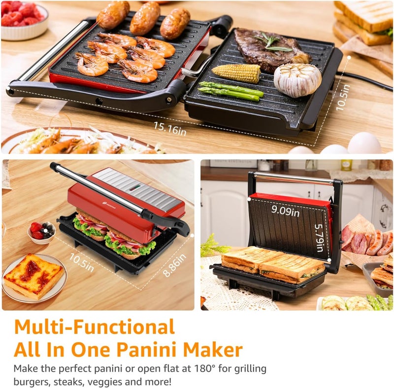 Aigostar Panini Press Grill, 1000W Sandwich Maker with Ceramic Non-stick Plates, Opens 180 Degrees for Any Size Food, 3-in-1 Sandwich Press Electric Grill, Drip Spout & Locking Lid, Red - Image 3