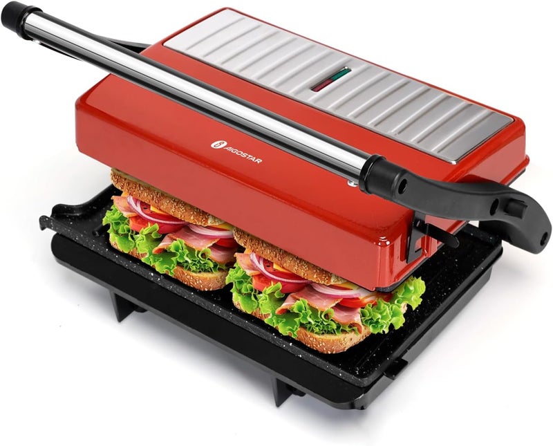 Aigostar Panini Press Grill, 1000W Sandwich Maker with Ceramic Non-stick Plates, Opens 180 Degrees for Any Size Food, 3-in-1 Sandwich Press Electric Grill, Drip Spout & Locking Lid, Red - Image 1