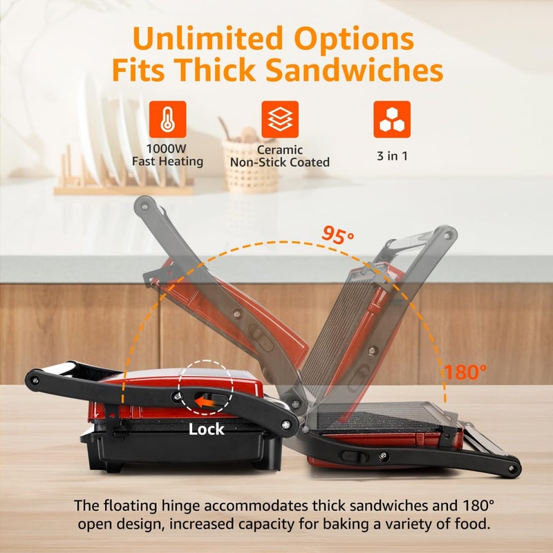 Aigostar Panini Press Grill, 1000W Sandwich Maker with Ceramic Non-stick Plates, Opens 180 Degrees for Any Size Food, 3-in-1 Sandwich Press Electric Grill, Drip Spout & Locking Lid, Red - Image 4