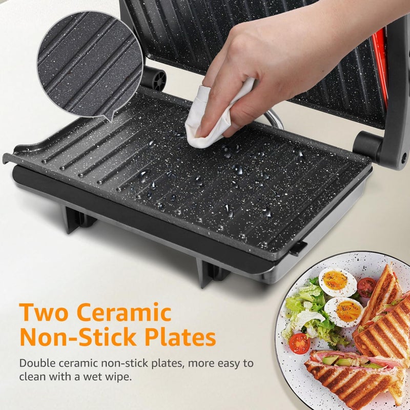 Aigostar Panini Press Grill, 1000W Sandwich Maker with Ceramic Non-stick Plates, Opens 180 Degrees for Any Size Food, 3-in-1 Sandwich Press Electric Grill, Drip Spout & Locking Lid, Red - Image 5