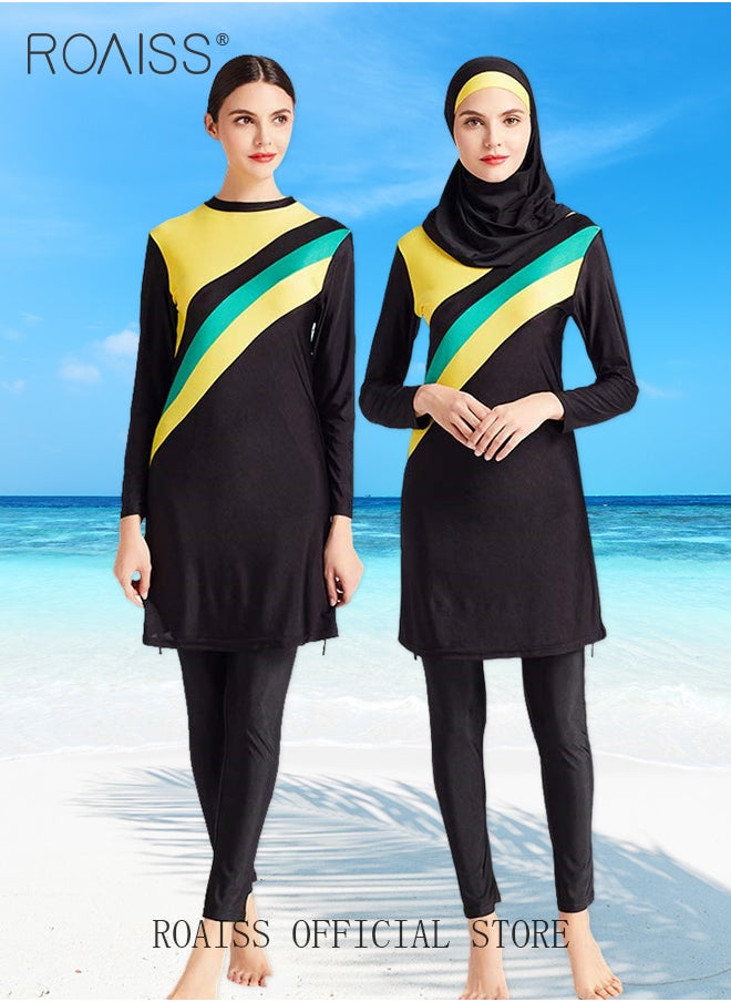 roaiss - 3 Piece Women Conservative Colorblock Swimsuit Set Muslim Sun Protection Swimwear Swimming Trousers Cap Ladies Loose Beachwear Dress Arab Clothing - Image 1