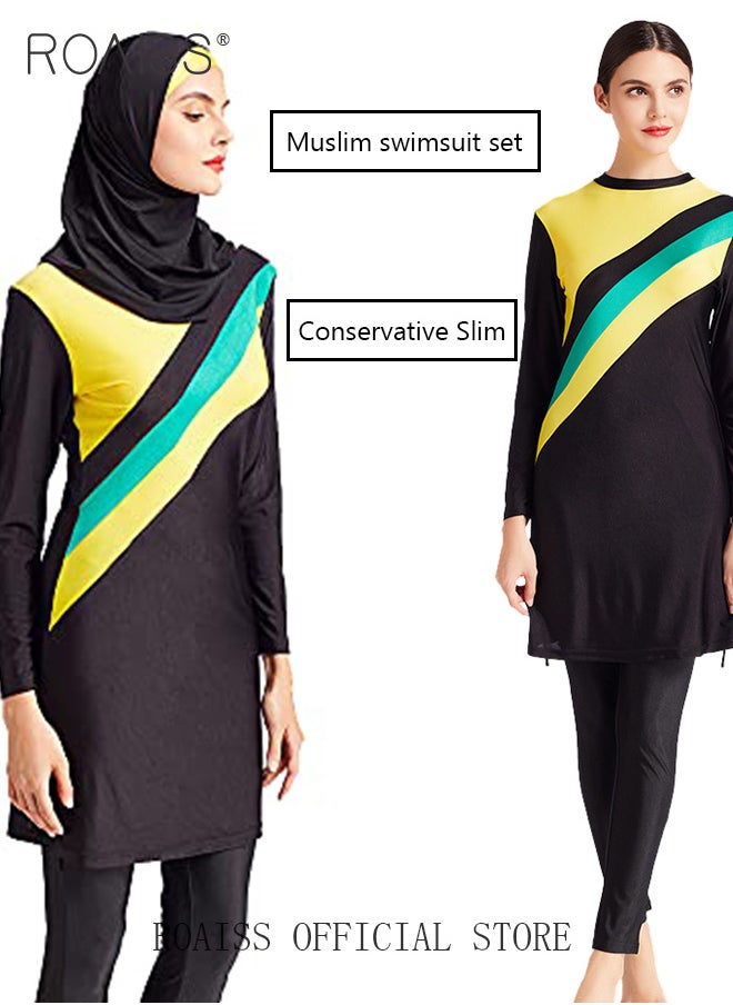 roaiss - 3 Piece Women Conservative Colorblock Swimsuit Set Muslim Sun Protection Swimwear Swimming Trousers Cap Ladies Loose Beachwear Dress Arab Clothing - Image 1