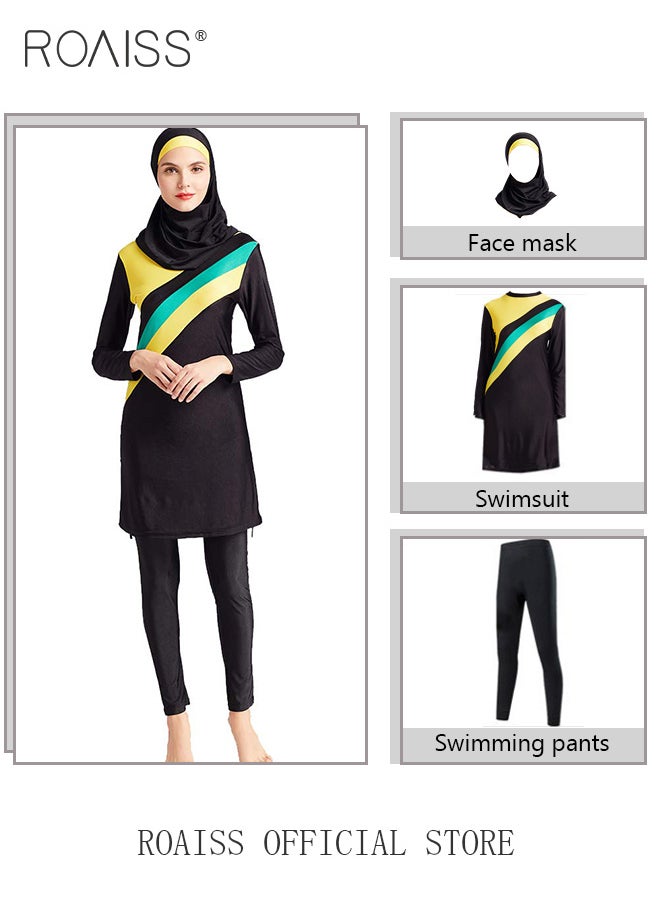 roaiss - 3 Piece Women Conservative Colorblock Swimsuit Set Muslim Sun Protection Swimwear Swimming Trousers Cap Ladies Loose Beachwear Dress Arab Clothing - Image 1