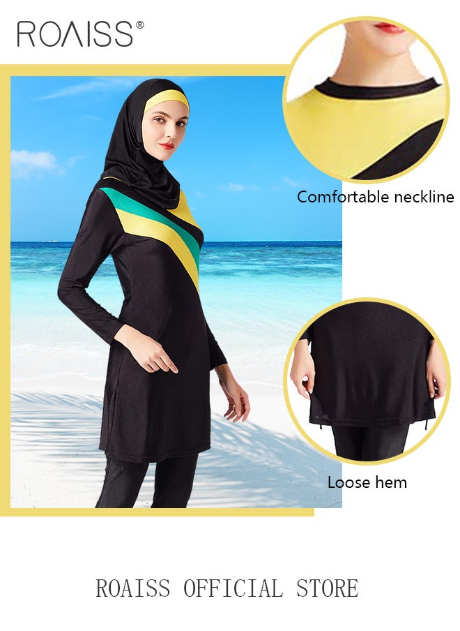 roaiss - 3 Piece Women Conservative Colorblock Swimsuit Set Muslim Sun Protection Swimwear Swimming Trousers Cap Ladies Loose Beachwear Dress Arab Clothing - Image 1