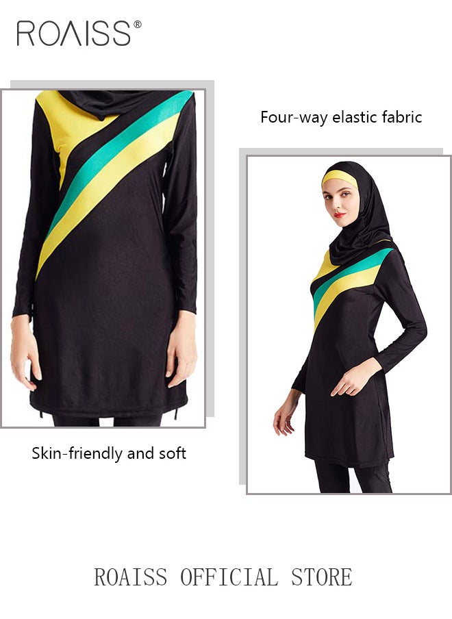 roaiss - 3 Piece Women Conservative Colorblock Swimsuit Set Muslim Sun Protection Swimwear Swimming Trousers Cap Ladies Loose Beachwear Dress Arab Clothing - Image 1