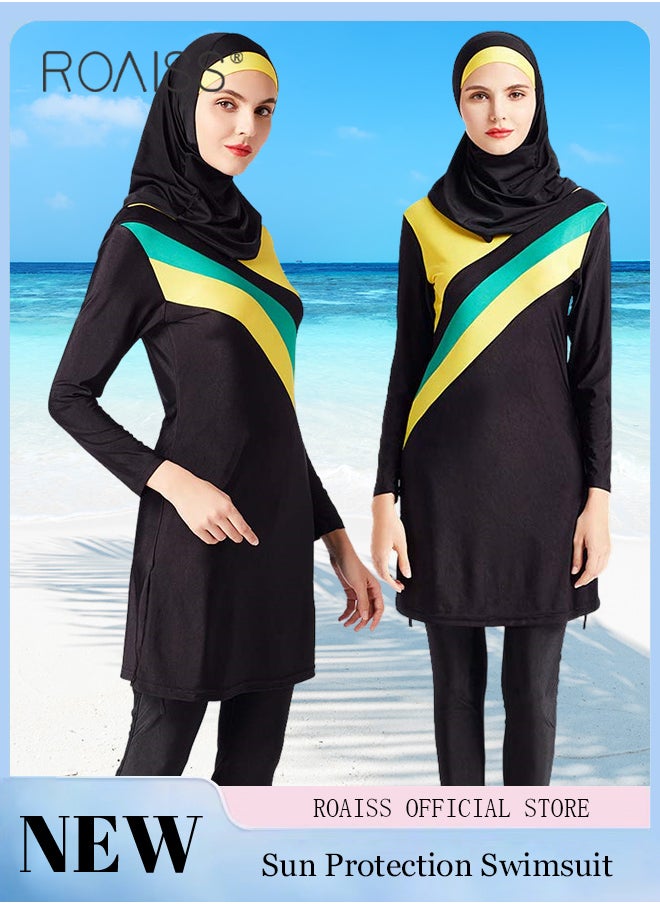 roaiss - 3 Piece Women Conservative Colorblock Swimsuit Set Muslim Sun Protection Swimwear Swimming Trousers Cap Ladies Loose Beachwear Dress Arab Clothing - Image 1