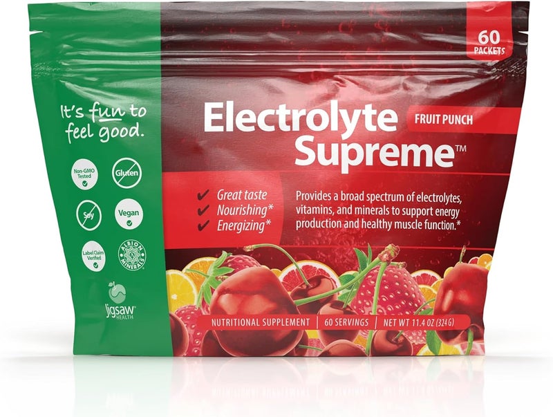 Jigsaw Health Electrolyte Supreme  Broad Spectrum of Electrolytes  Trace Minerals  Fruit Punch Flavor  60 Servings Packets - Image 1