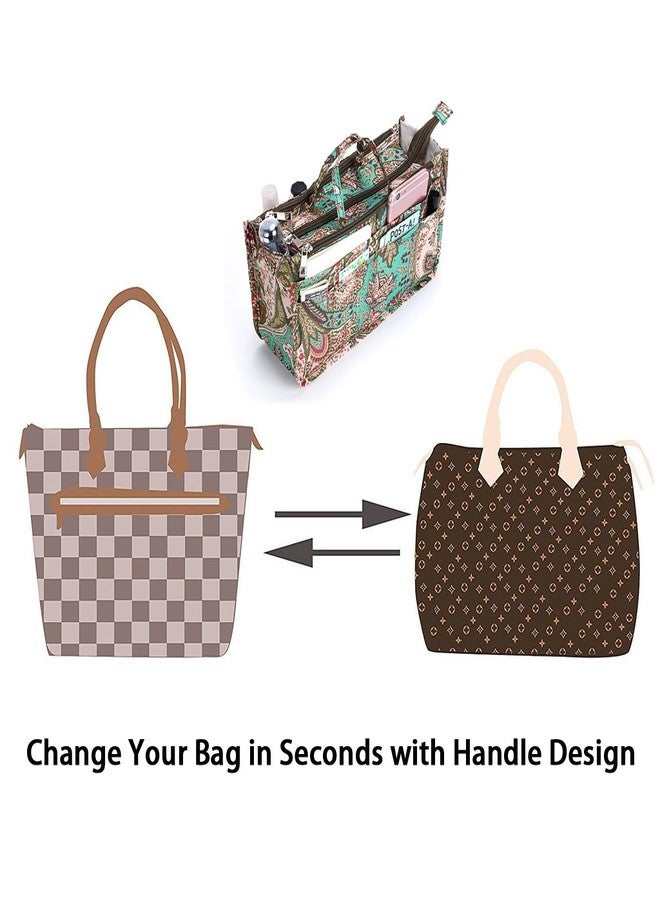 بي تي سكاي منظم حقائب يد مطبوع جديد من BTSKY - منظم حقائب يد داخلي عالي السعة بـ 13 جيبًا مع مقبض بنقشة زهرة الطاووس - Image 2