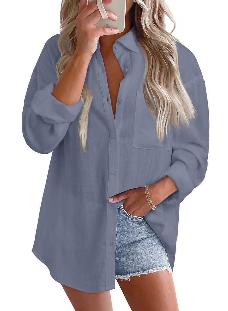 Astylish Women Loose Fit Flowy Basic Casual Tops Spring Summer Cotton Linen Button Down Shirts Collared Roll Up Long Sleeve V Neck Breathable Beach Fashion Dressy Blouses Dusk Blue Large - Image 1