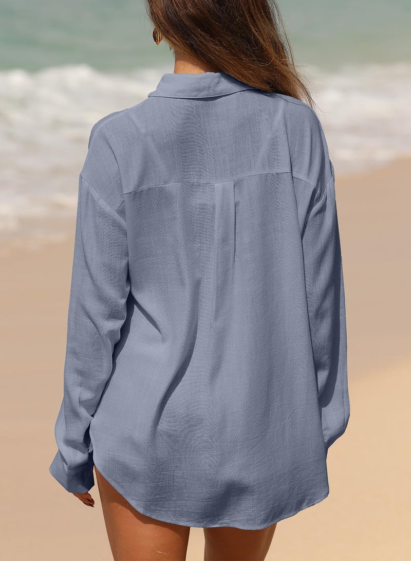 Astylish Women Loose Fit Flowy Basic Casual Tops Spring Summer Cotton Linen Button Down Shirts Collared Roll Up Long Sleeve V Neck Breathable Beach Fashion Dressy Blouses Dusk Blue Large - Image 5