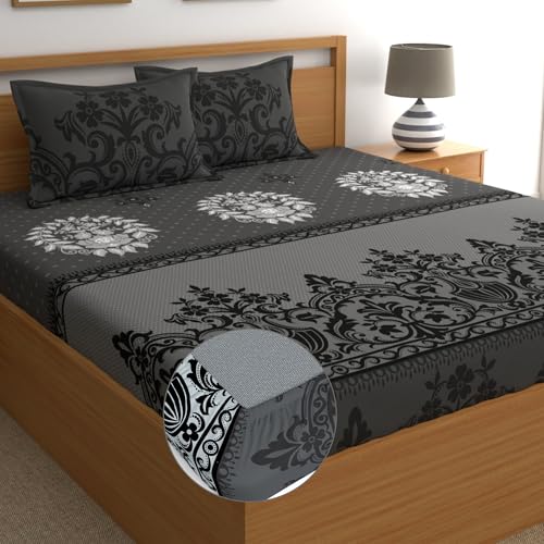 Dreamscape 100% Cotton King Fitted Floral Bedsheet With 2 Pillow Covers - (Size 72 x 78 inches, 140 TC, Colour - Dark Grey) - Image 1