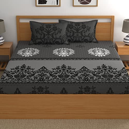 Dreamscape 100% Cotton King Fitted Floral Bedsheet With 2 Pillow Covers - (Size 72 x 78 inches, 140 TC, Colour - Dark Grey) - Image 2