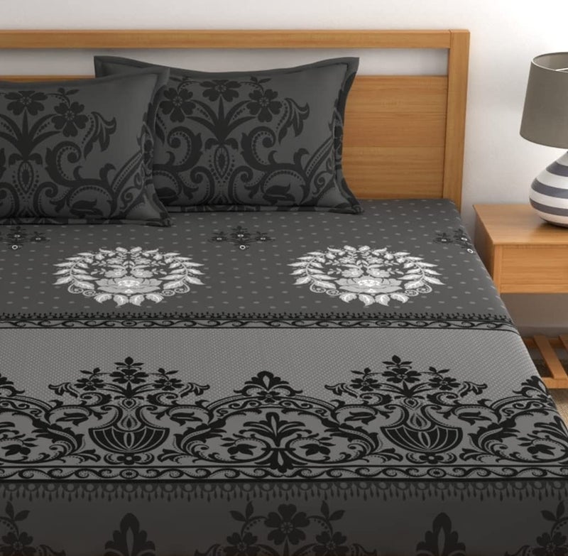 Dreamscape 100% Cotton King Fitted Floral Bedsheet With 2 Pillow Covers - (Size 72 x 78 inches, 140 TC, Colour - Dark Grey) - Image 3